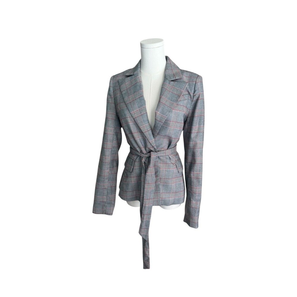 Walter Baker Plaid Wrap Blazer Belted Jacket Gray Red Size Small